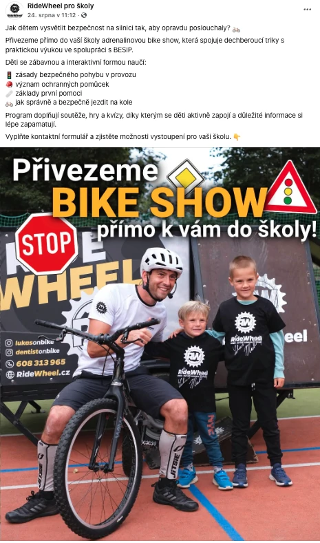 Ukázka reklamního příspěvku RideWheel zaměřeného na základní školy