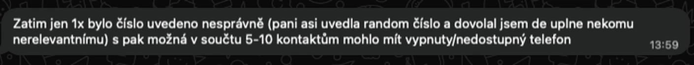 Zpráva klienta RideWheel o správnosti telefonních čísel a dovolatelnosti získaných kontaktů.