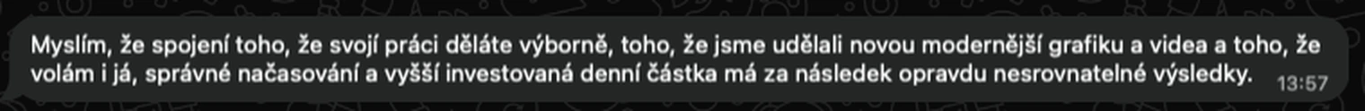 Zpráva klienta RideWheel o společném vlivu kampaní, nové grafiky, videí, telefonování, načasování a investice na výsledky.